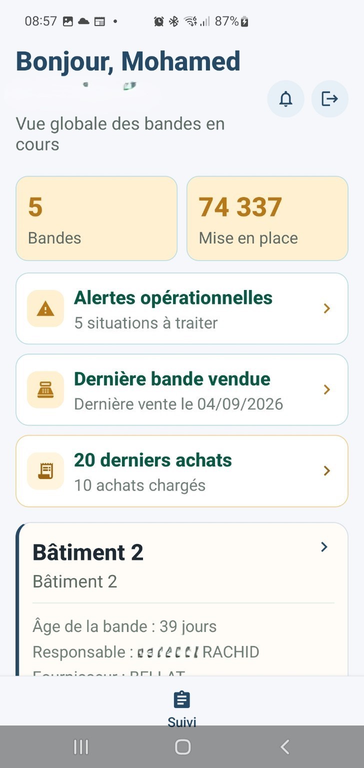 Application mobile AviGest Pro — Vue globale des bandes